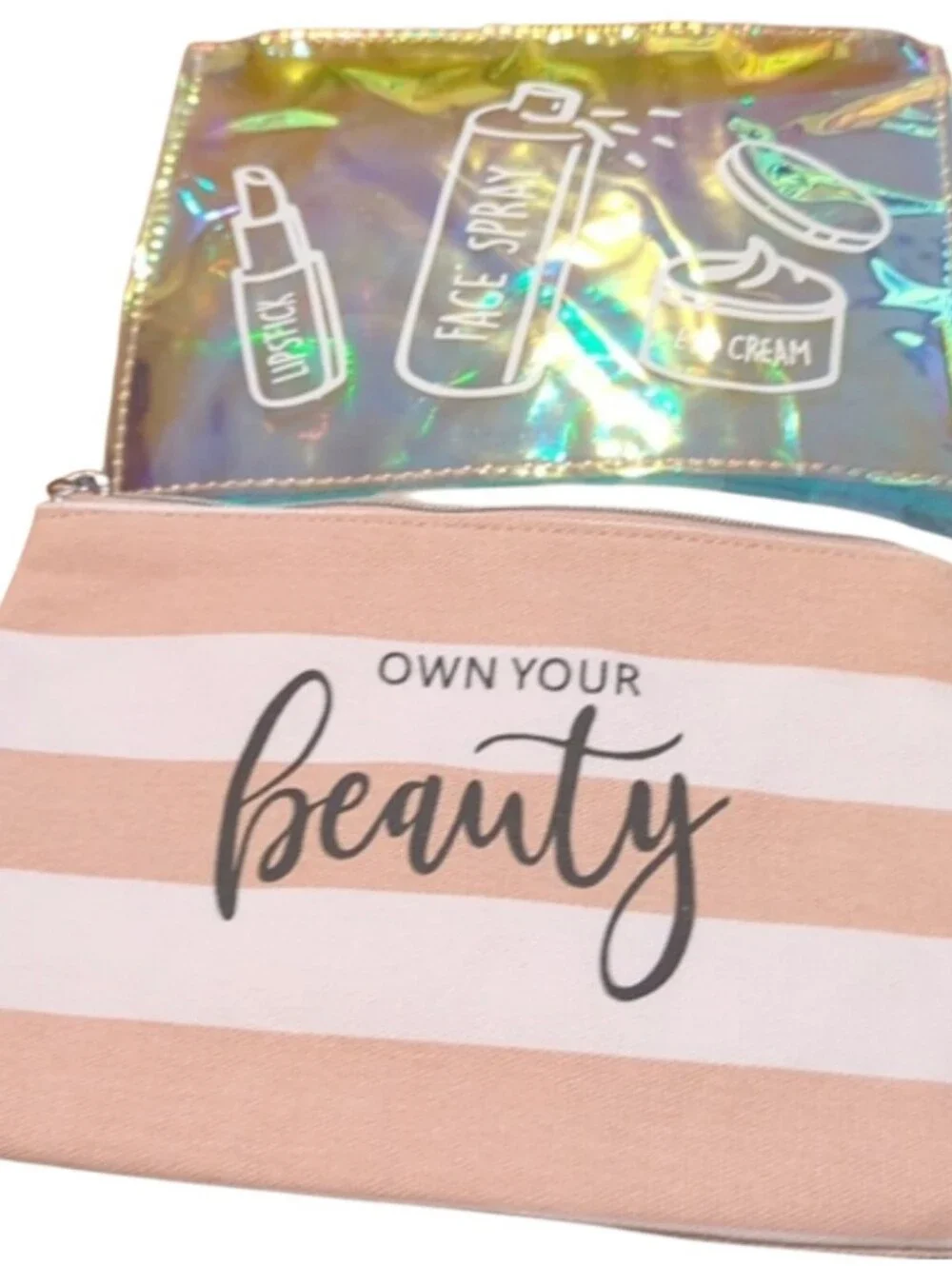 Cosmetic Bag Cases. Two. One Is Pink And White. One Is Shiny Pink.